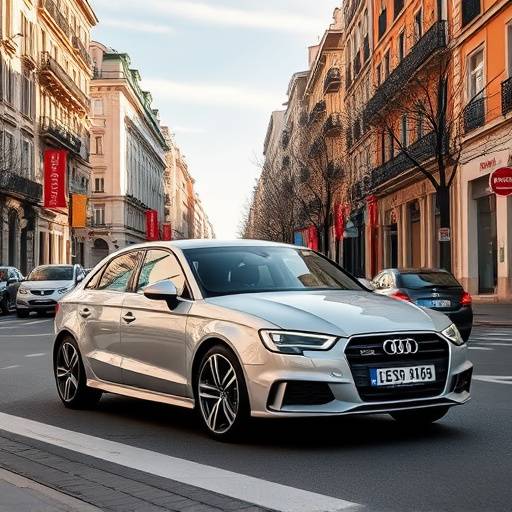 Audi A3 plateado, modelo 2023, estacionado en una calle de Madrid