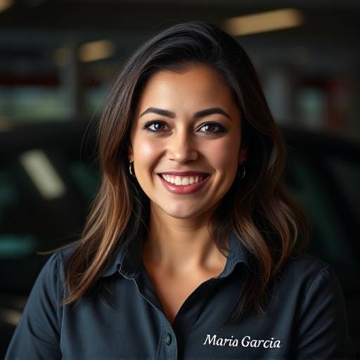 Imagen de María García, Jefa de Marketing de Auto Galaxia, mostrando una actitud creativa y entusiasta