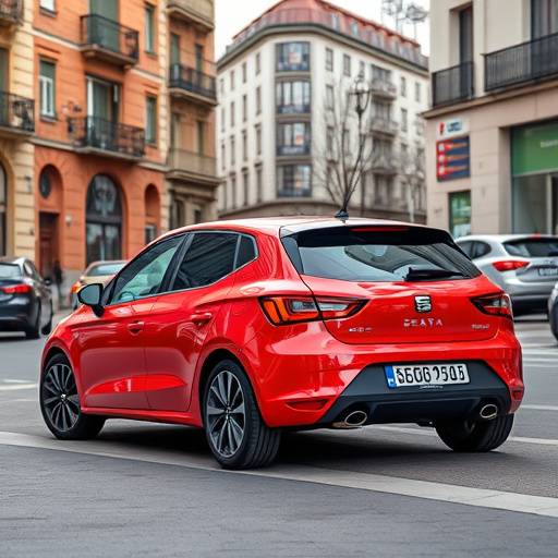 SEAT Ibiza rojo, modelo 2024, aparcado en el centro de la ciudad de Madrid